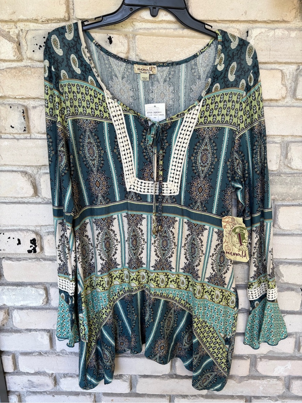 ONE WORLD frosty green Paisley petite Tunic top with tie neck long sleeves